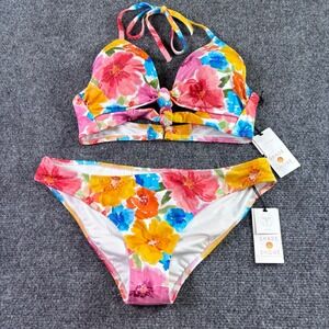 Shade & Shore Bikini Set Women 32B/S Multi Floral Halter Cheeky NWT Tropical
